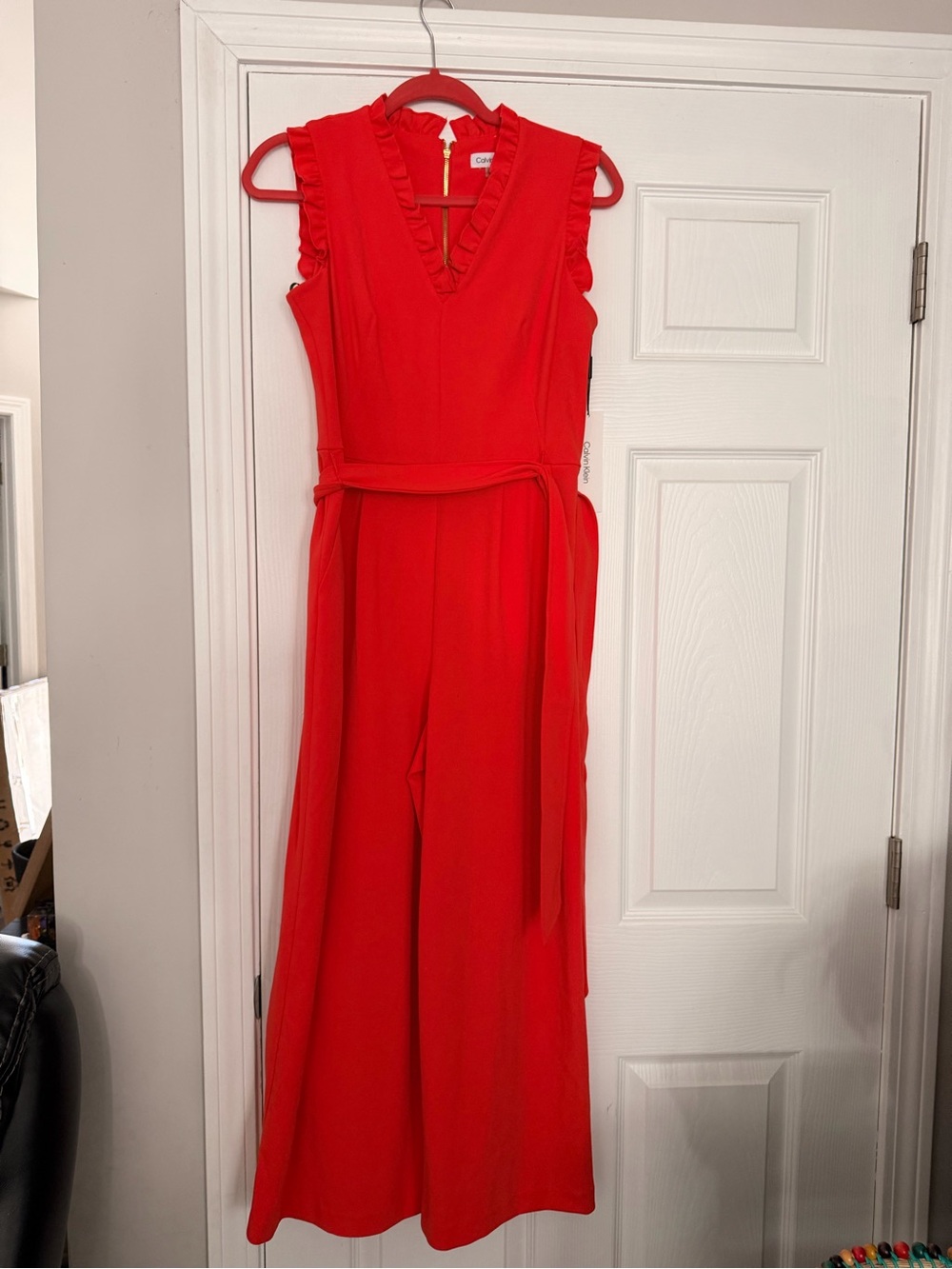 Calvin Klein Bright Orange Sleeveless V-Neck Belted Jumpsuit